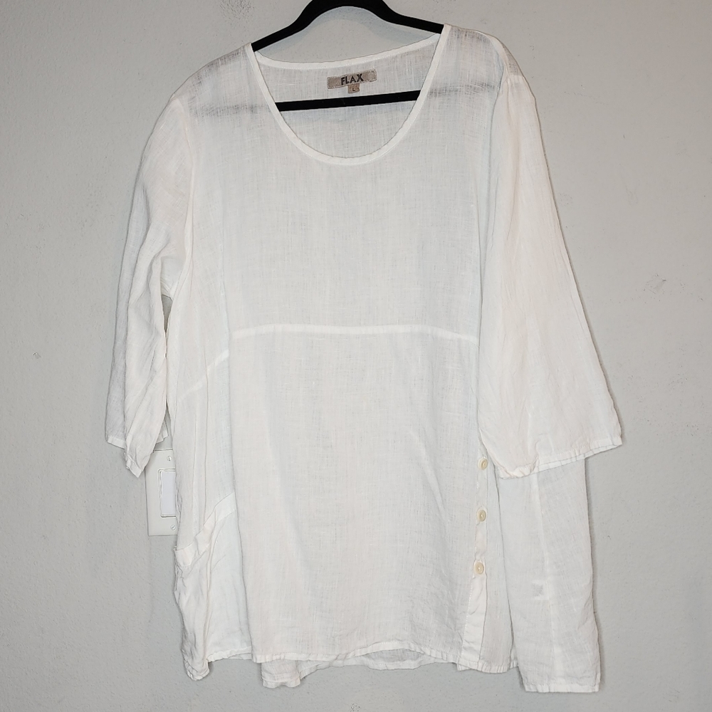 Flax White Linen tunic long sleeve top. Pocket. Button side. Size large. - Picture 9 of 16